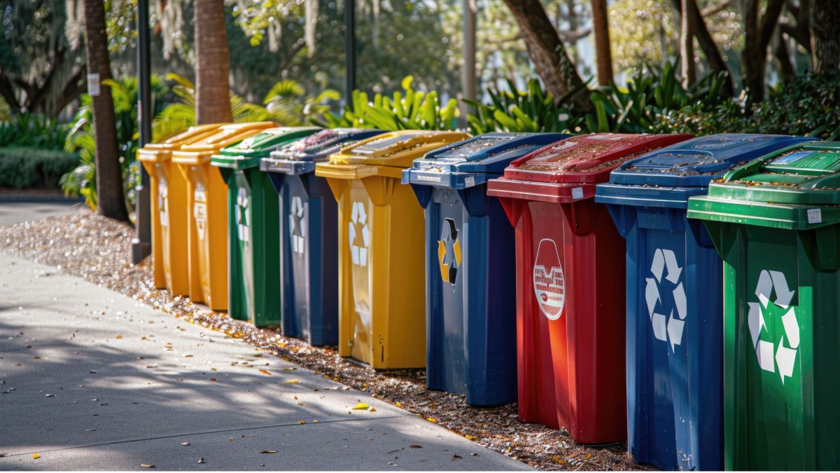 A row of different coloured recycling bins along a footpath